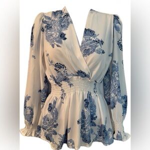 Floral V-Neck, Smocked Waist with long sleeve Blouse - Blue & Ivory flowers